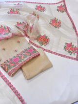 Light Gold Glass tissue with floral cross stitch embroidery dress material