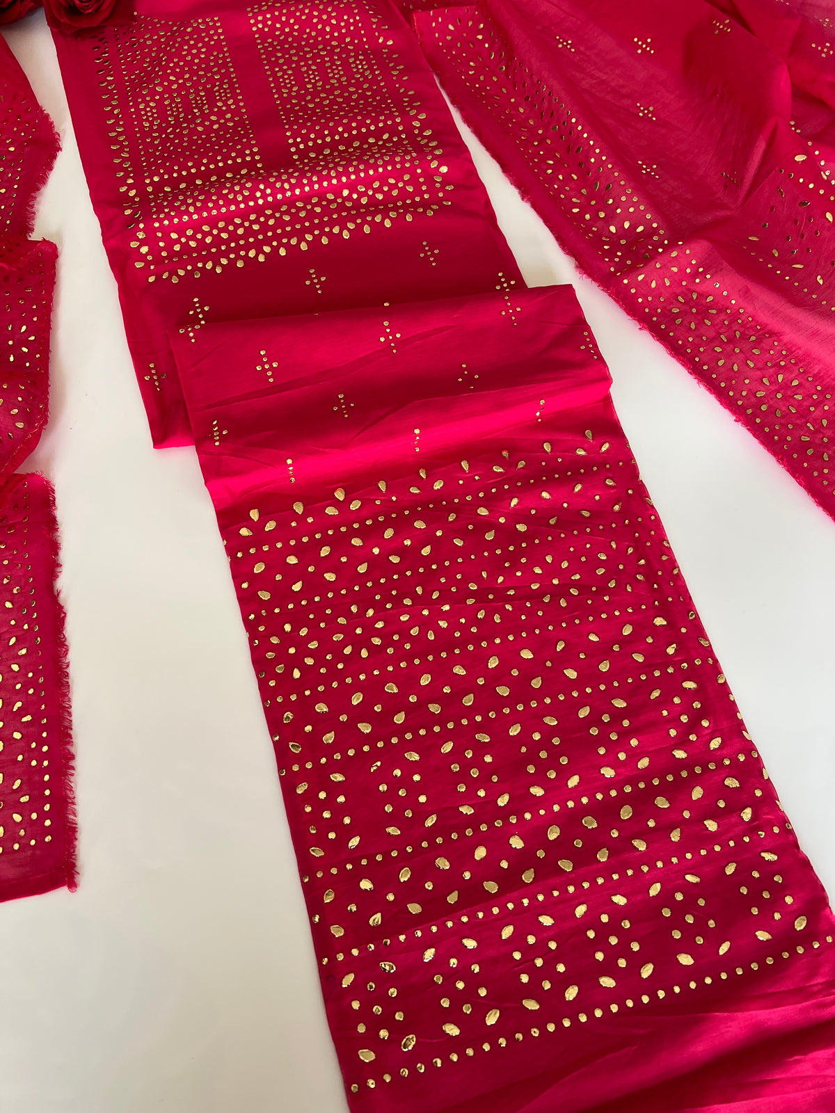 Pink Mul Chanderi dress material with mukaish geometric