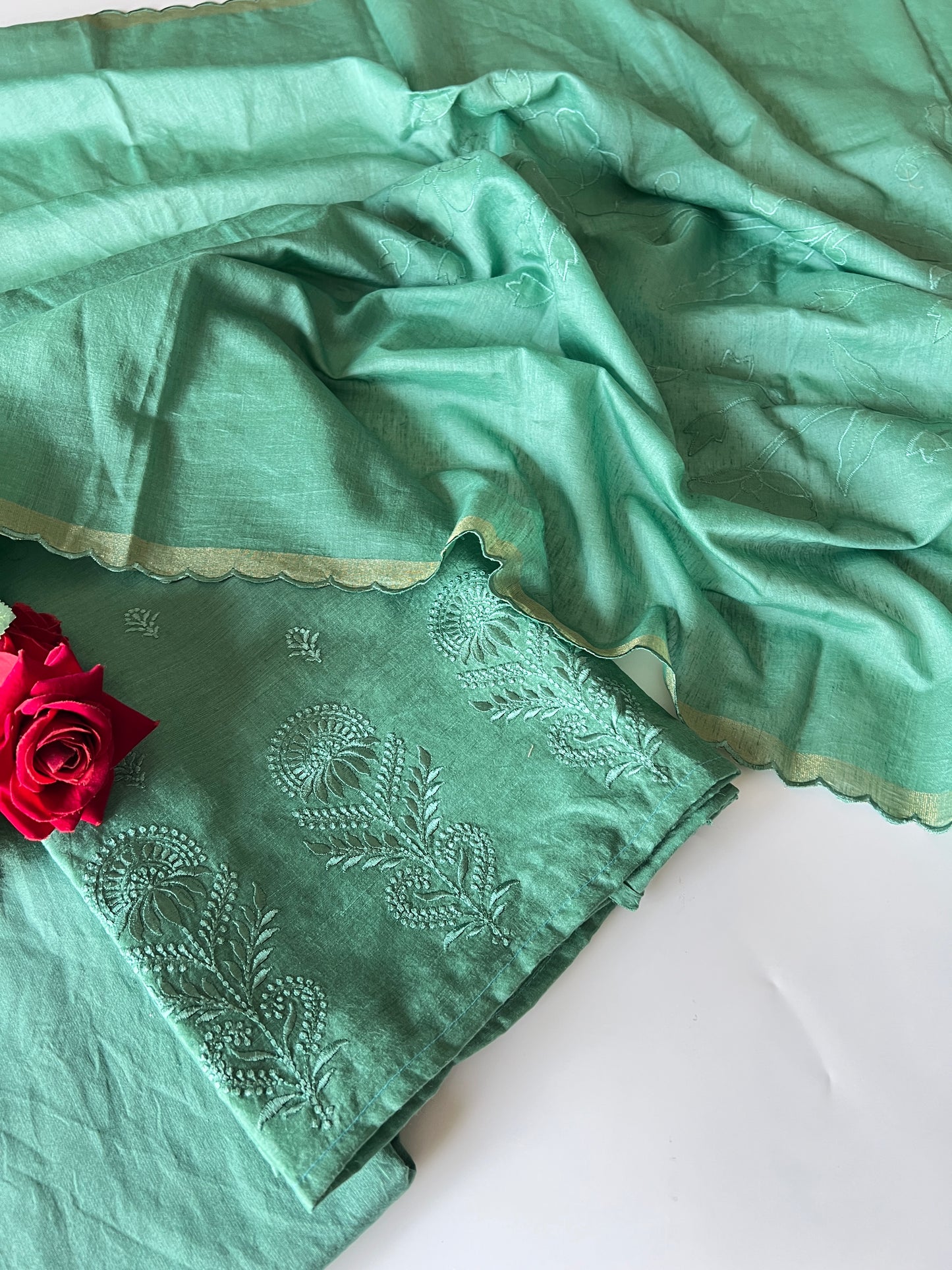 Green Pure Chanderi patchwork Embroidery scallop unstitched suit