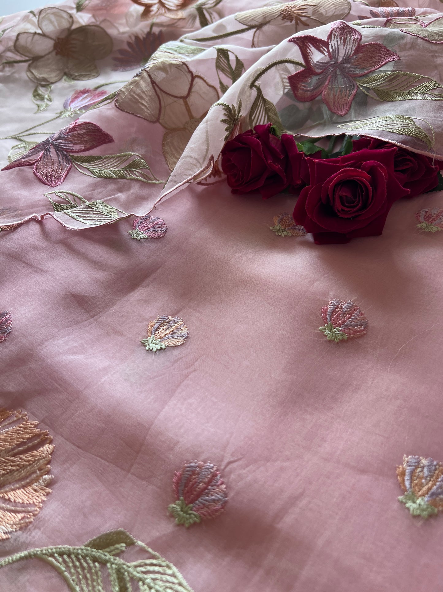 Floral Embroidery on Pure Silk Organza premium unstitched dress material in Pastel Pink
