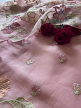 Floral Embroidery on Pure Silk Organza premium unstitched dress material in Pastel Pink