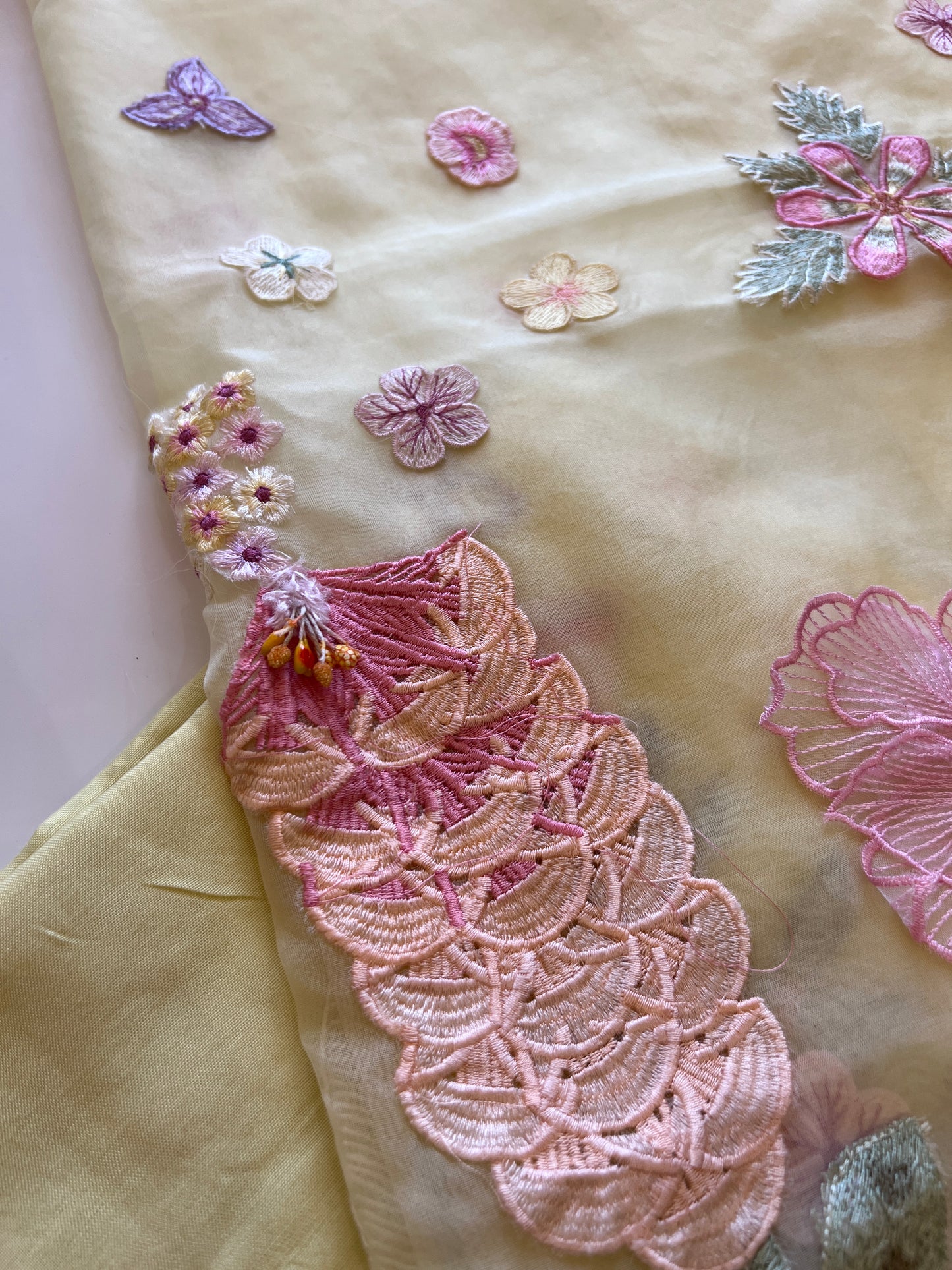 Yellow 3D Embroidery on semi Organza premium unstitched dress material with floral work
