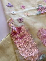 Yellow 3D Embroidery on semi Organza premium unstitched dress material with floral work