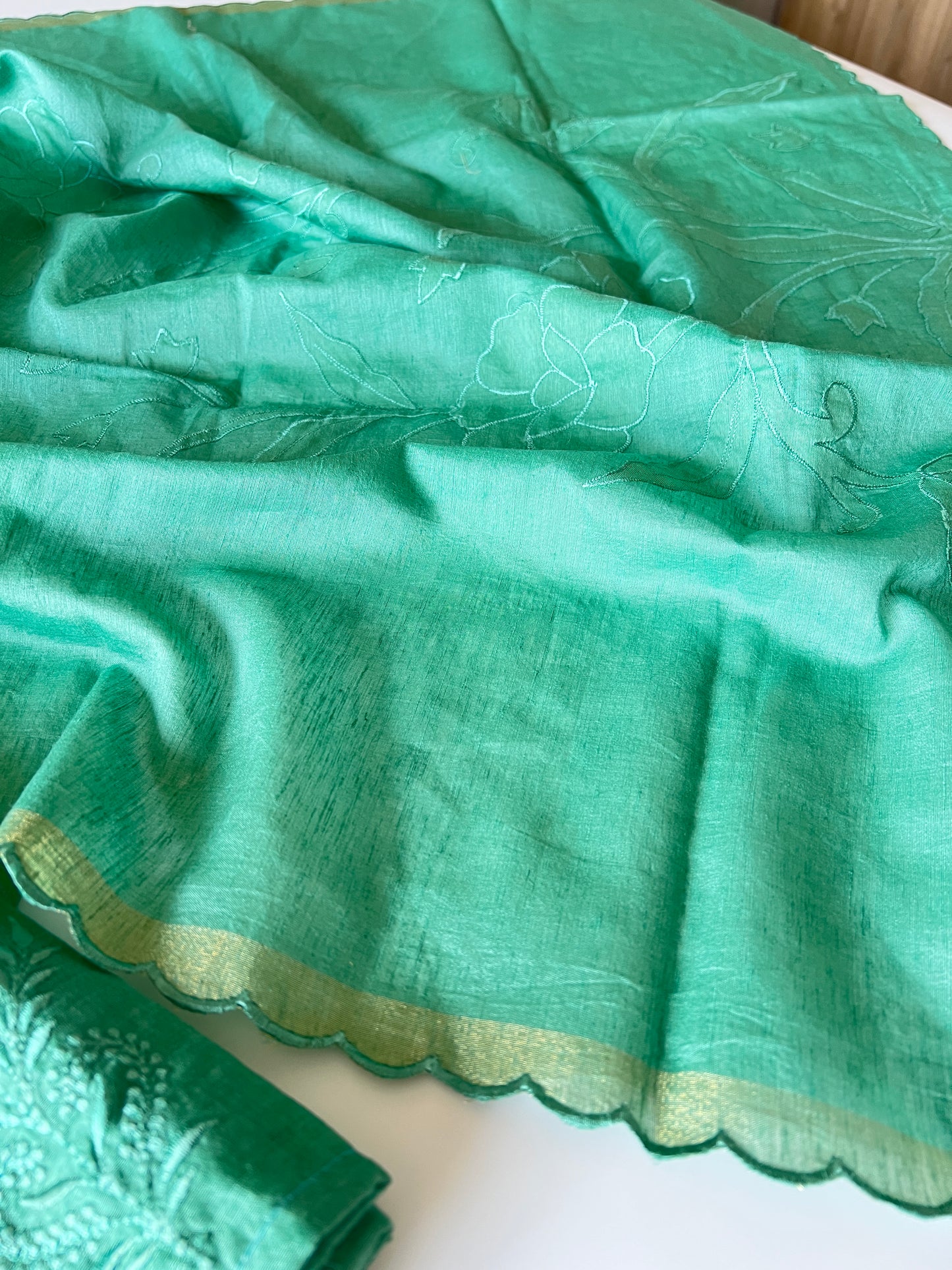 Green Pure Chanderi patchwork Embroidery scallop unstitched suit