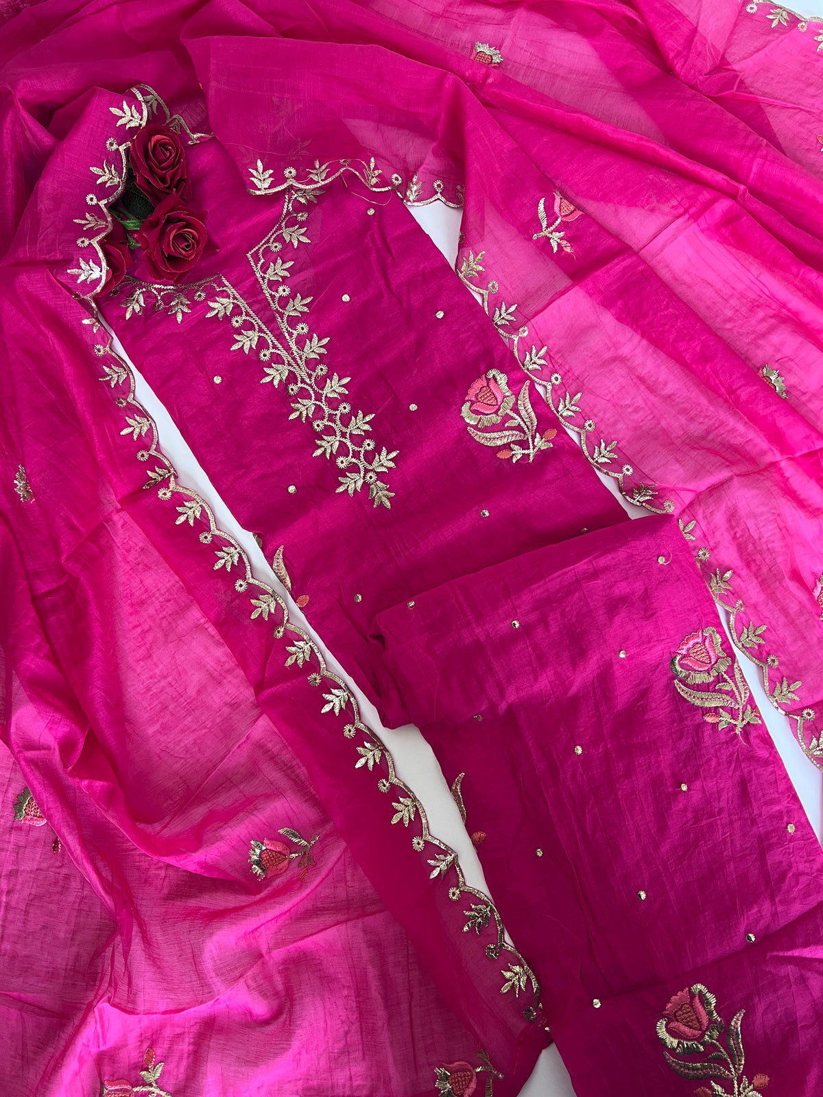Pink Pitta with thread work on Mul Chanderi dress material - Unstitched Suit set