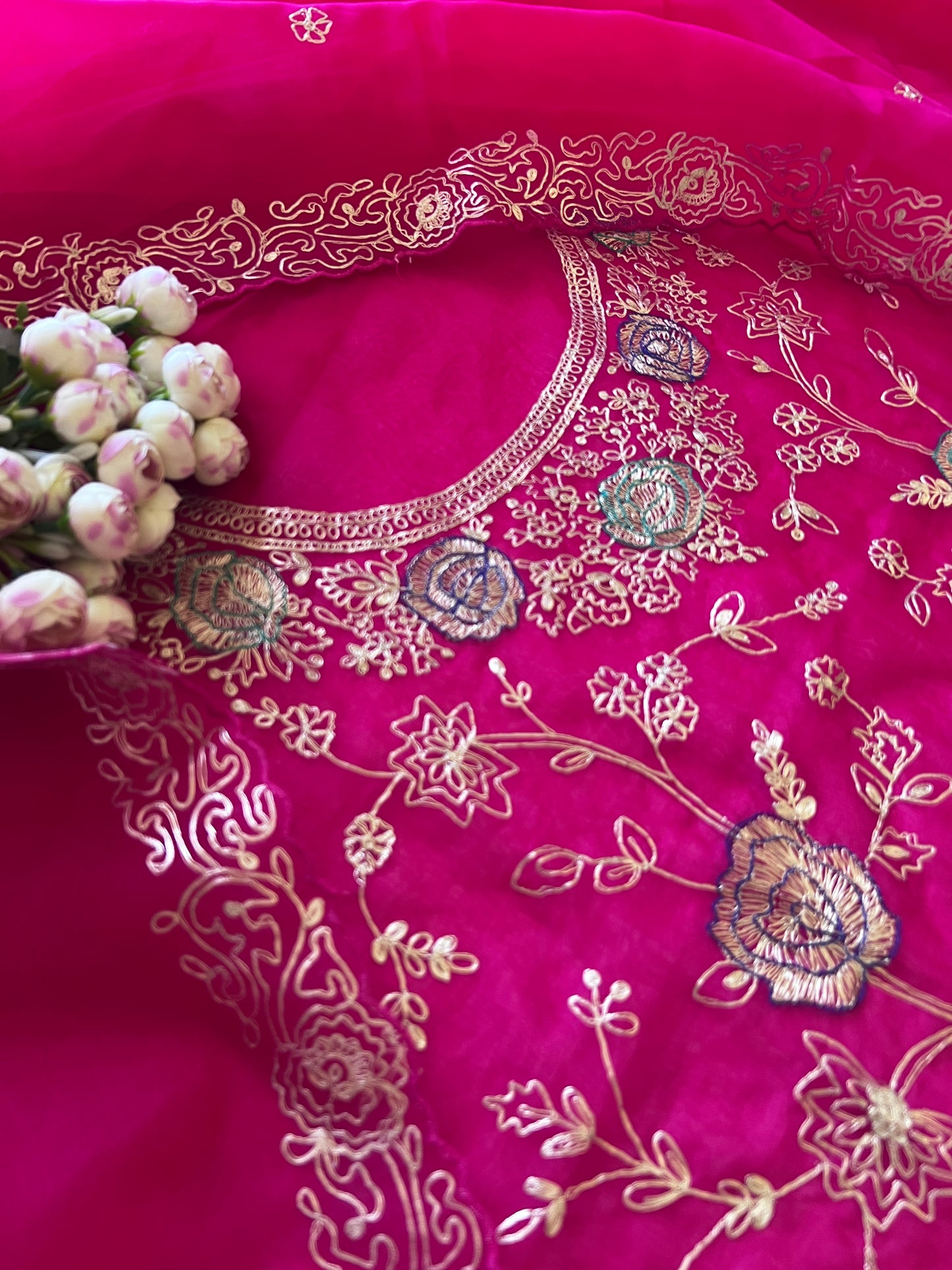 Pure Silk Organza Full embroidered premium unstitched suit in Hot Pink