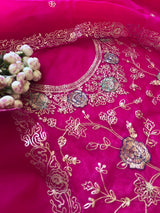 Pure Silk Organza Full embroidered premium unstitched suit in Hot Pink
