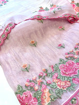 Pink Glass tissue with floral cross stitch embroidery dress material