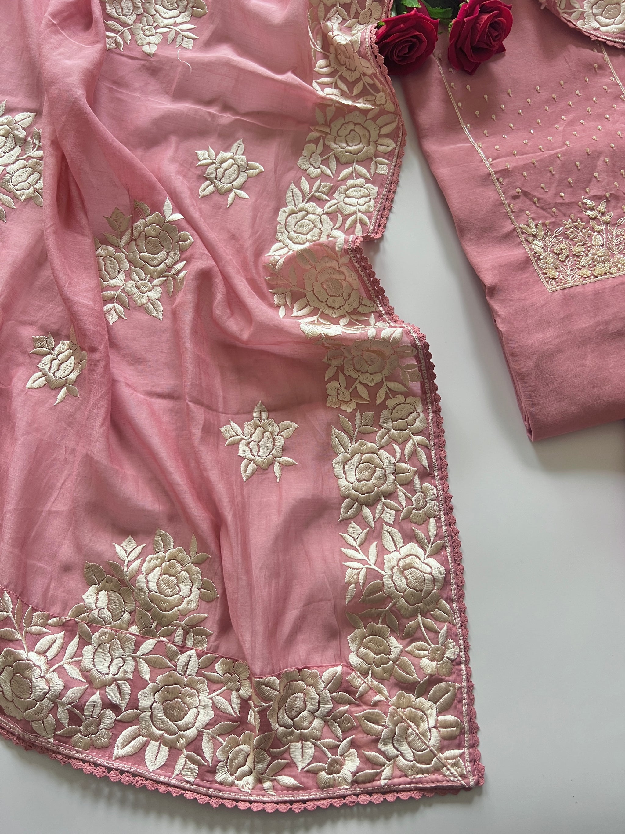 Mul Chanderi Handwork with Parsi dupatta Unstitched Suit set