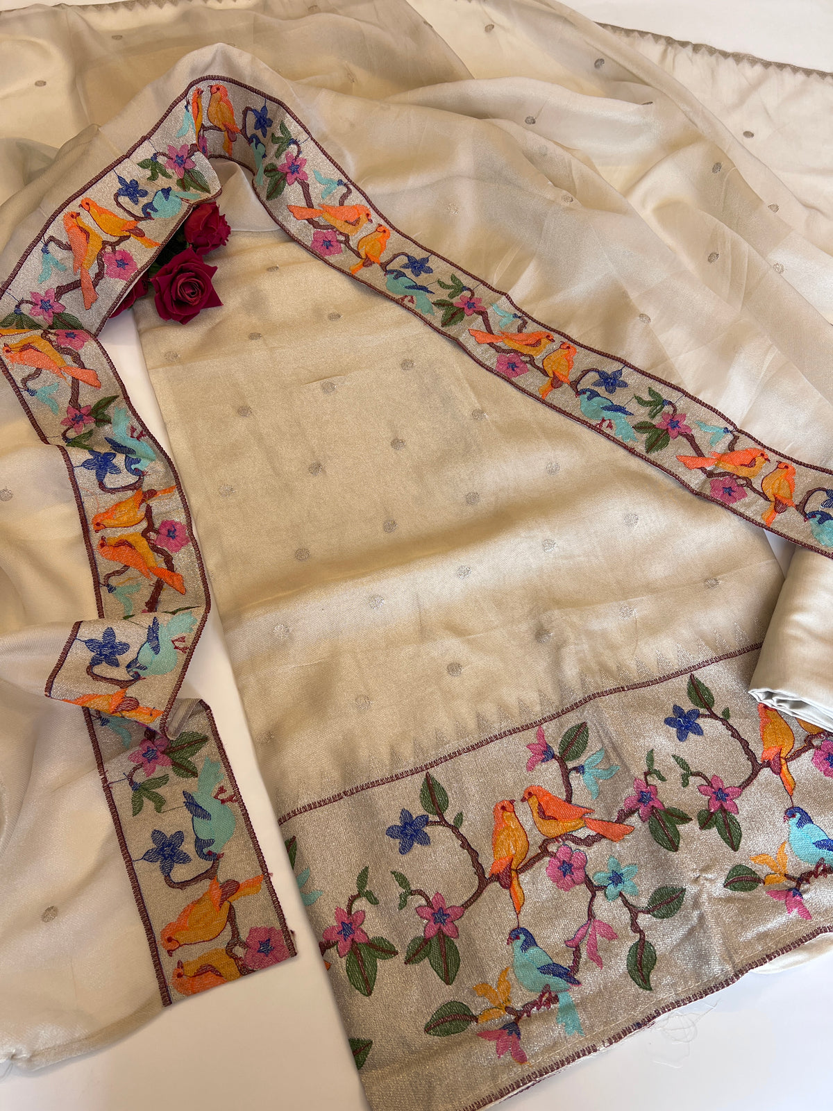 Bird embroidery tissue silk Unstitched suit