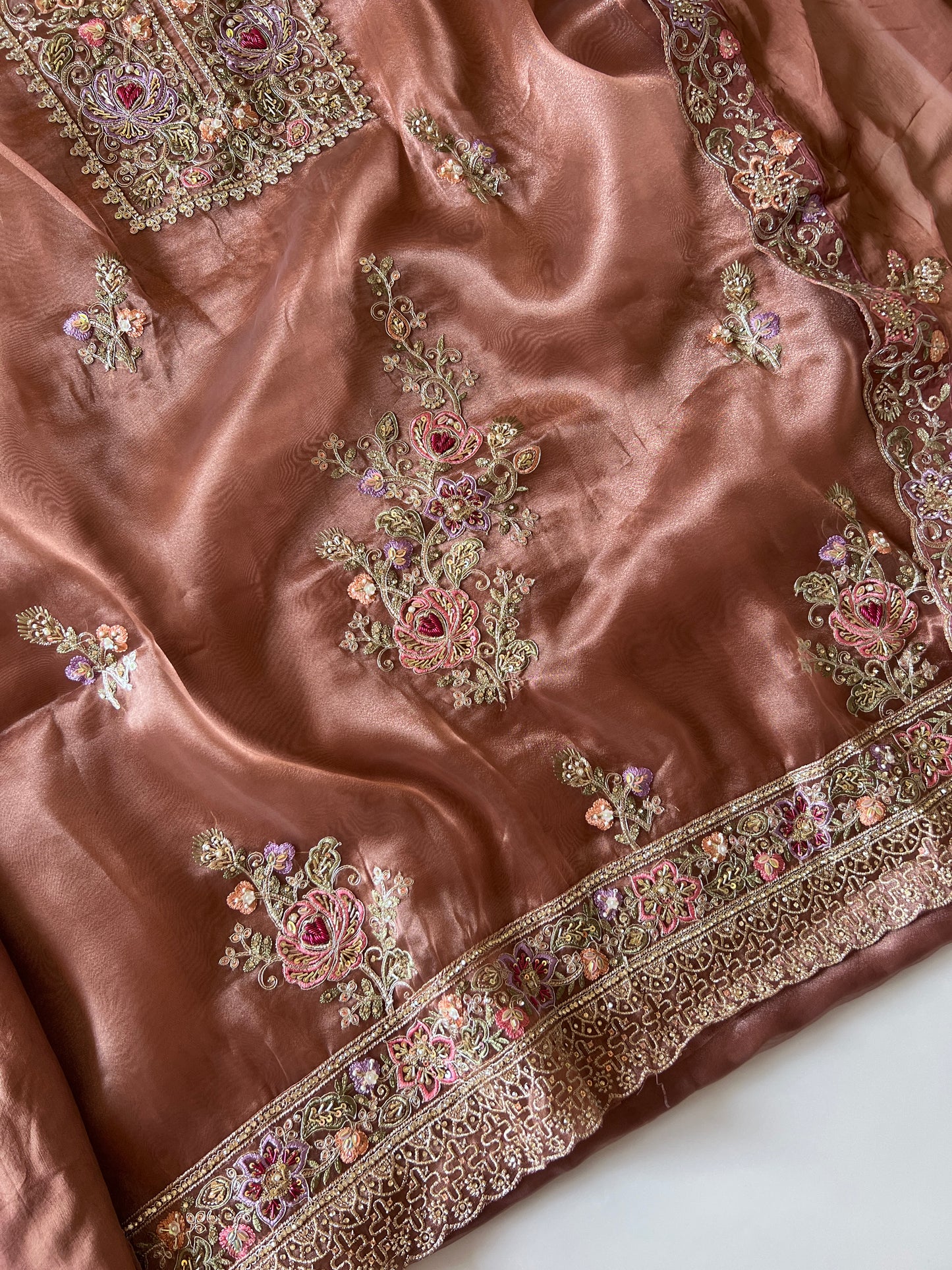 Brown Tissue partywear embroidered suit set unstitched