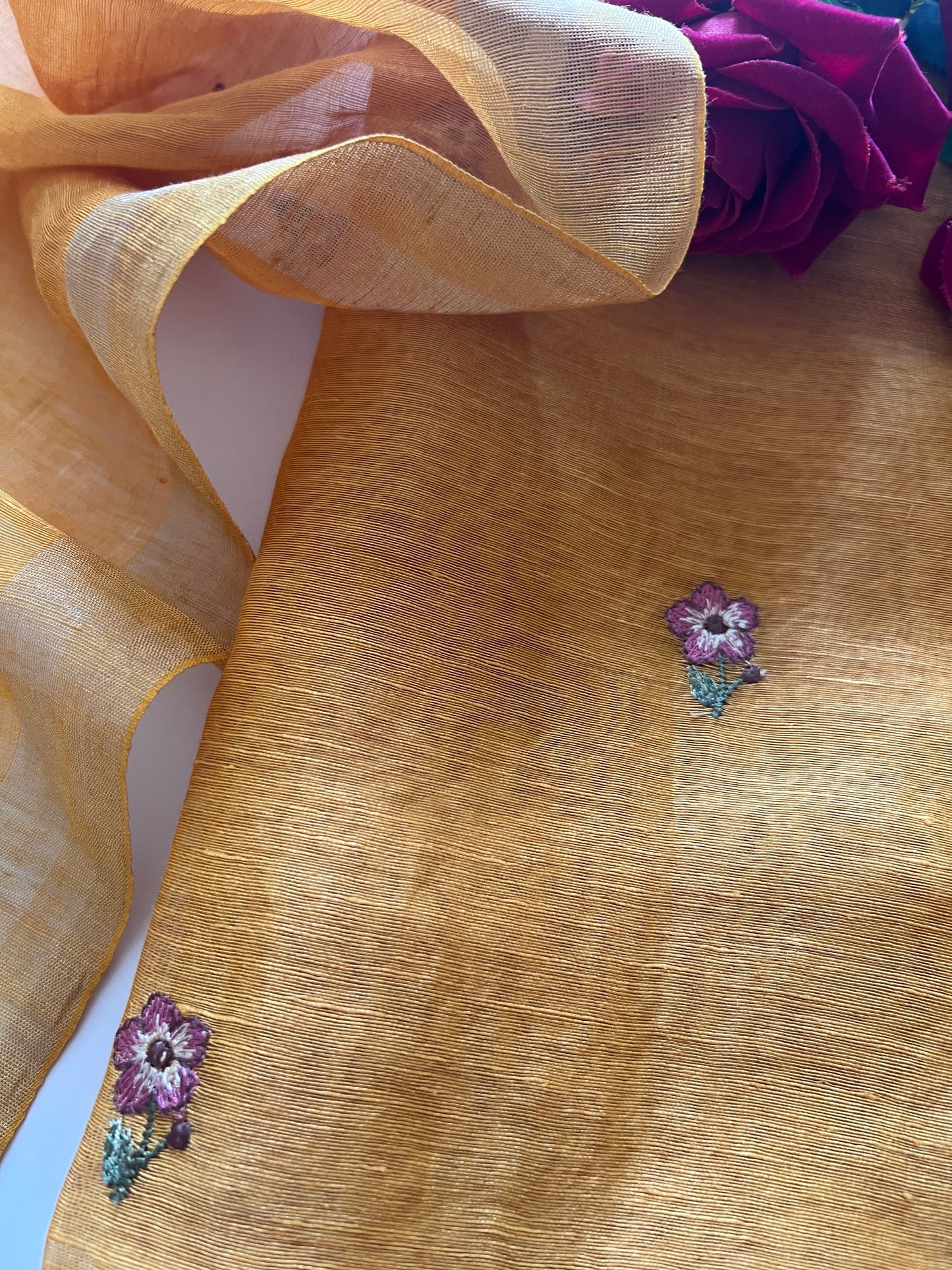 Yellow Pure Silk Linen embroidered premium unstitched dress material