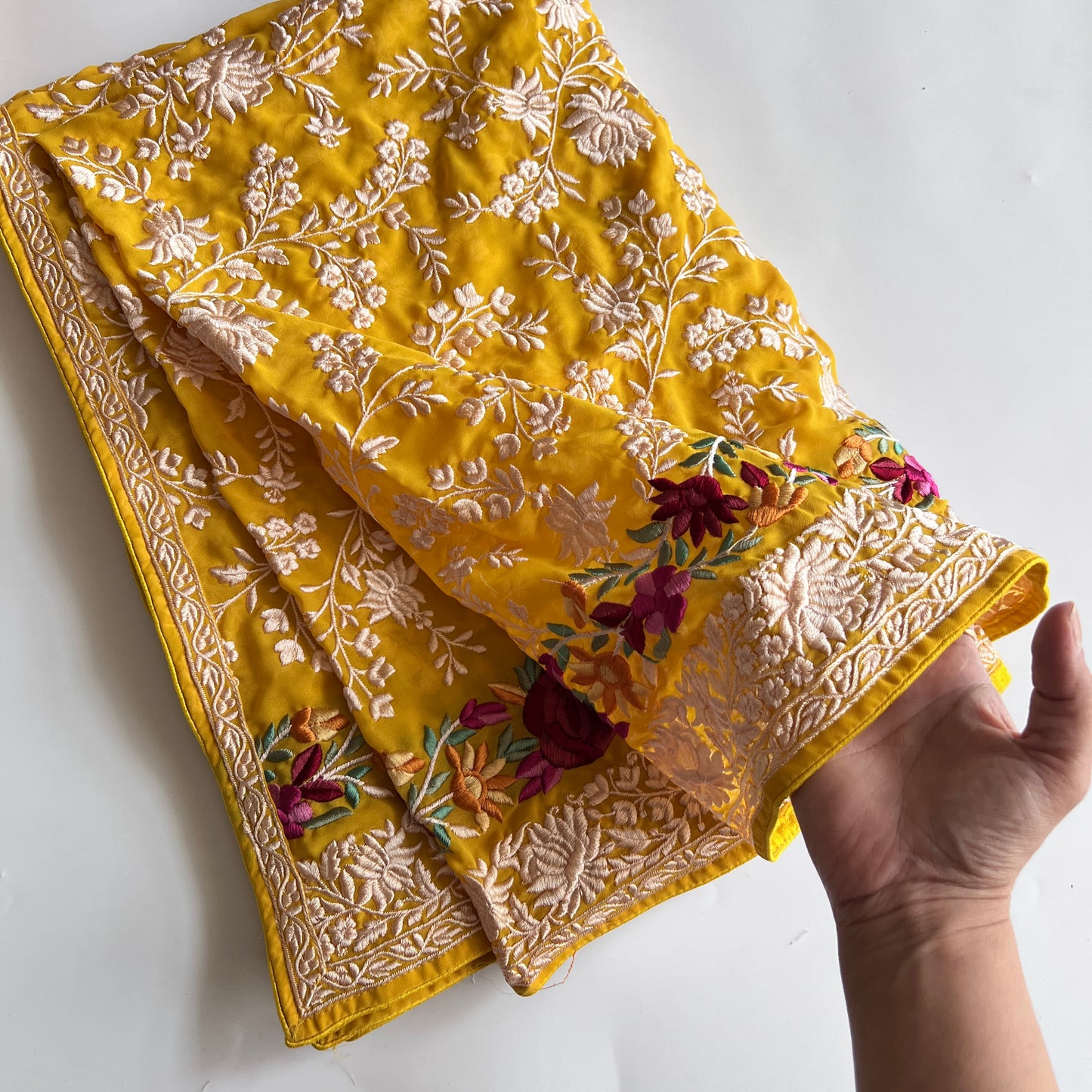 Premium Yellow Parsi Embroidery dupatta