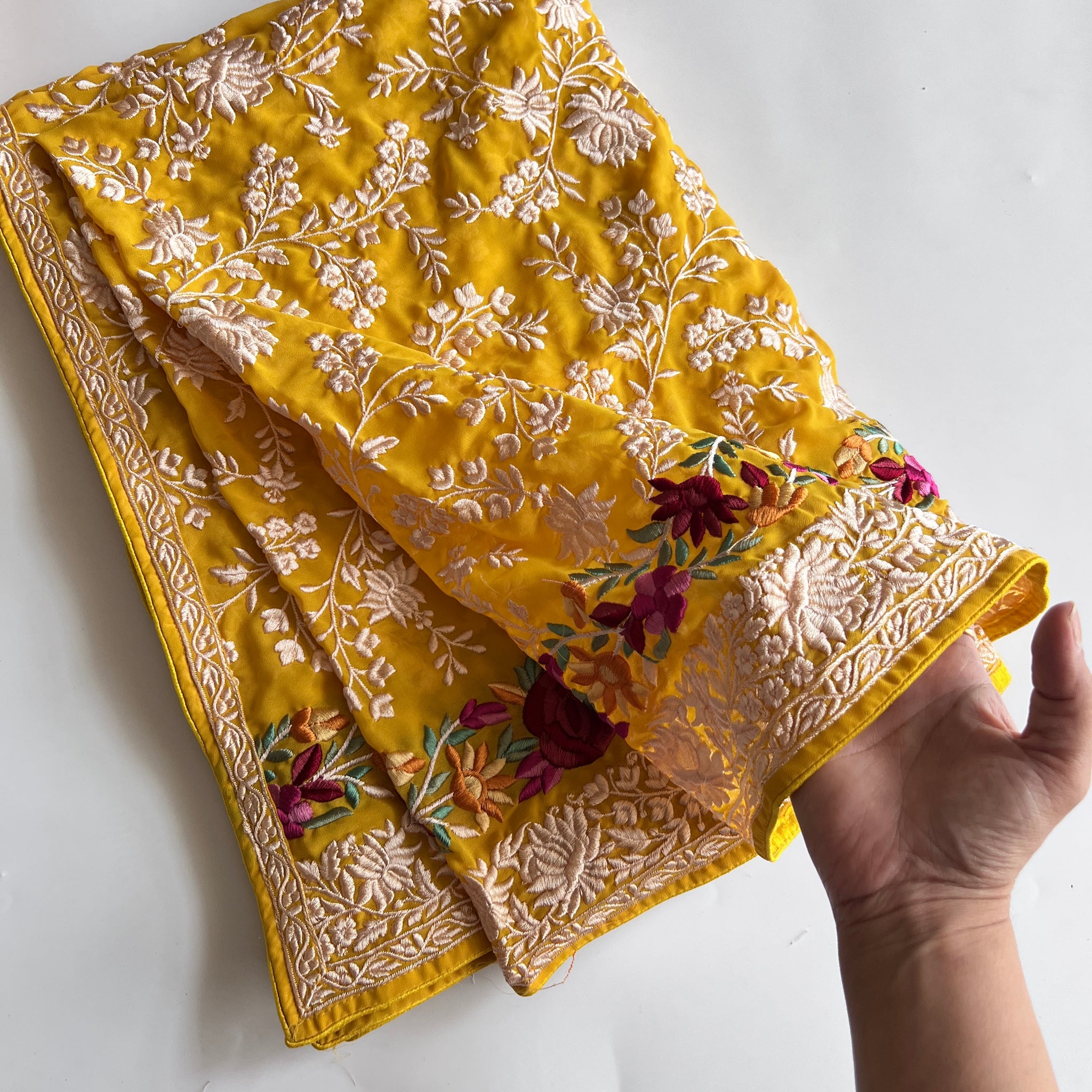 Premium Yellow Parsi Embroidery dupatta
