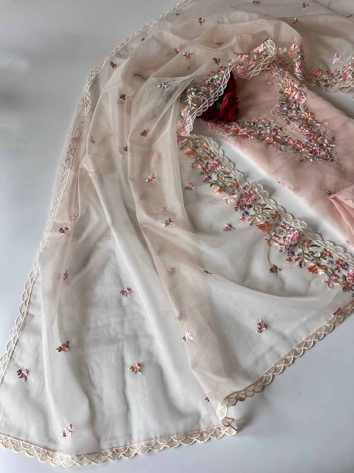 Peach thread Embroidery unstitched suit