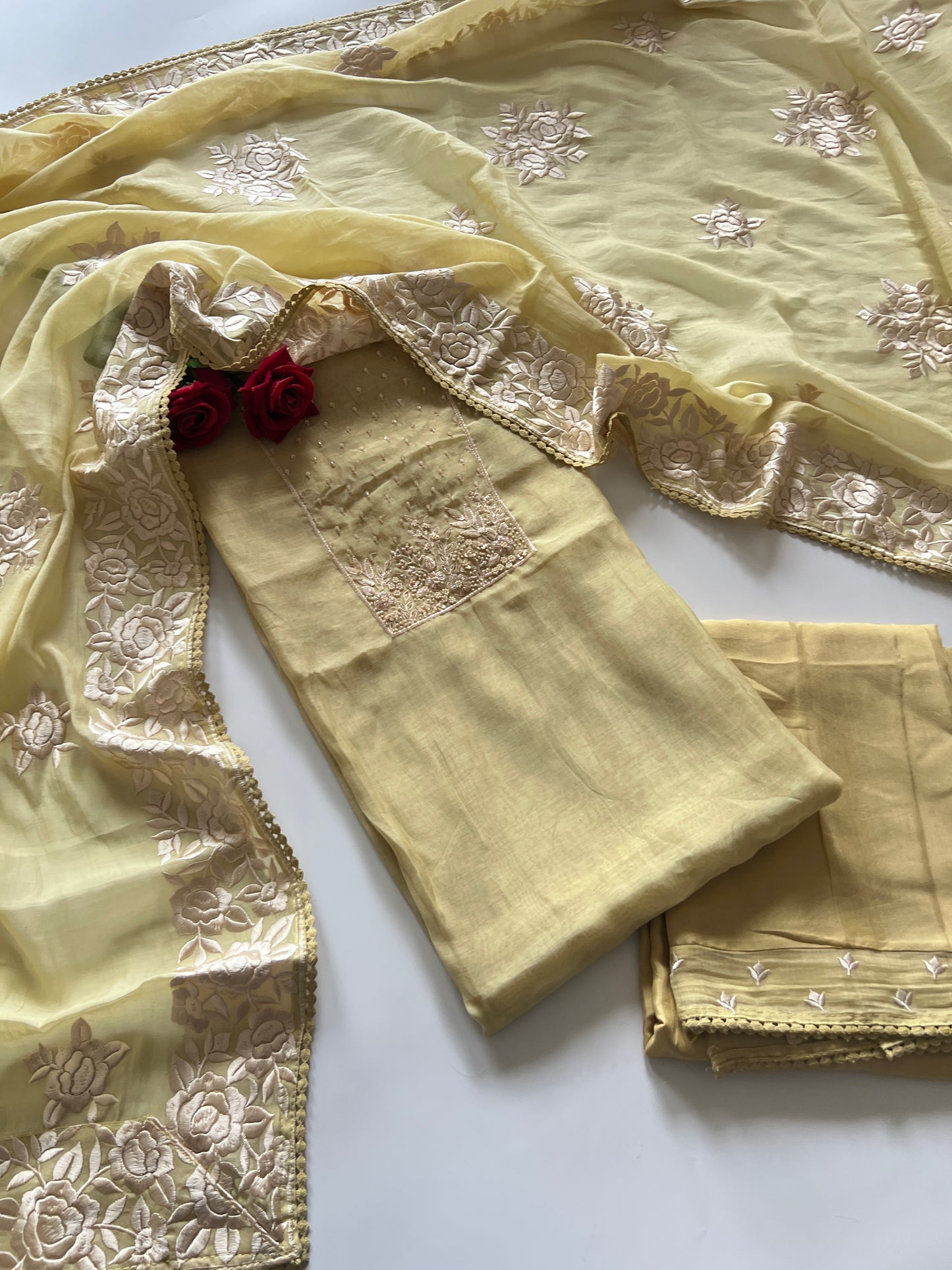 Mul Chanderi Handwork with Parsi dupatta Unstitched Suit set - Pastel yellow