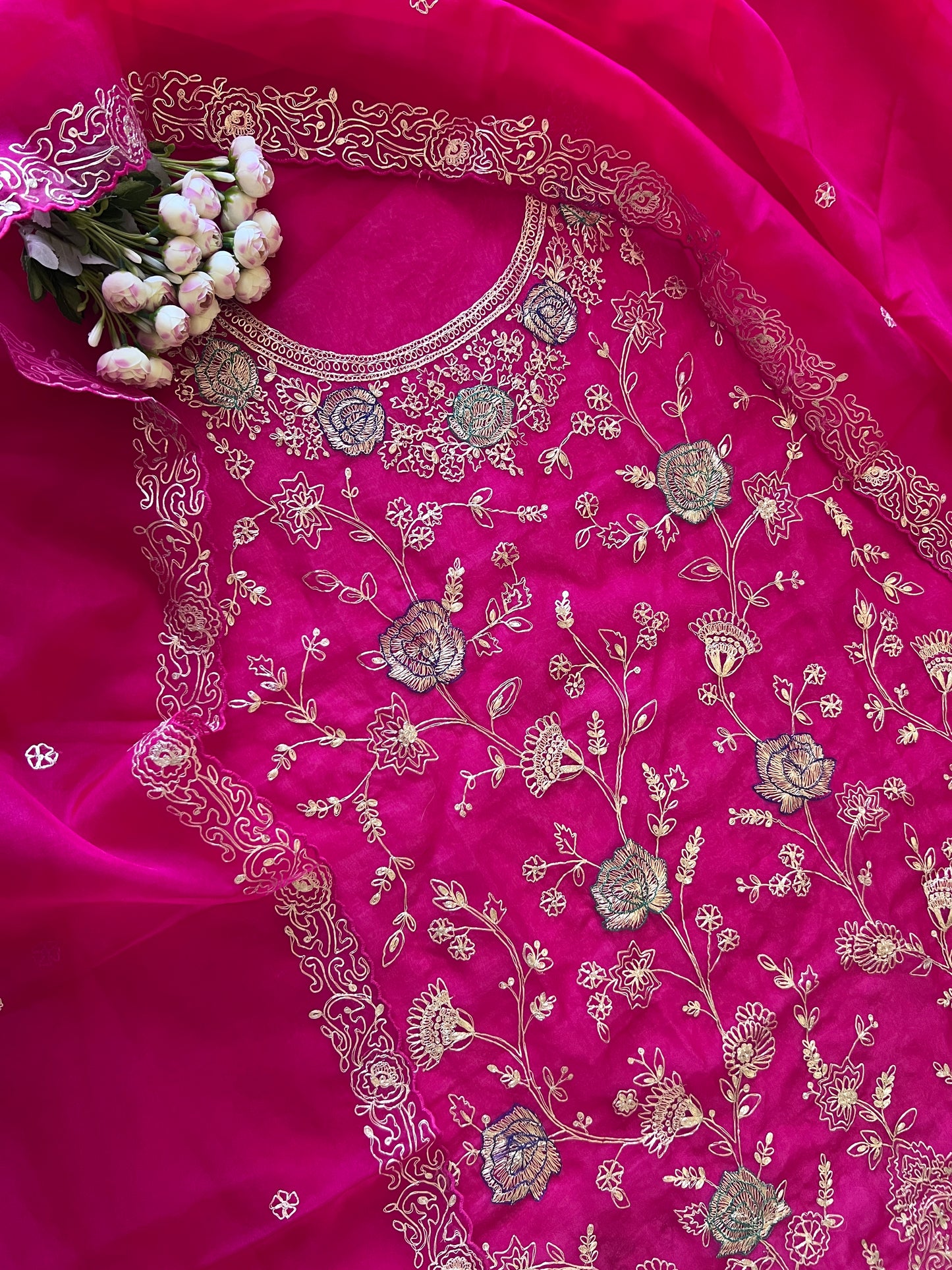 Pure Silk Organza Full embroidered premium unstitched suit in Hot Pink