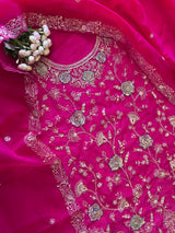 Pure Silk Organza Full embroidered premium unstitched suit in Hot Pink