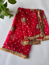 Red Bridal Net dupatta with fringe border