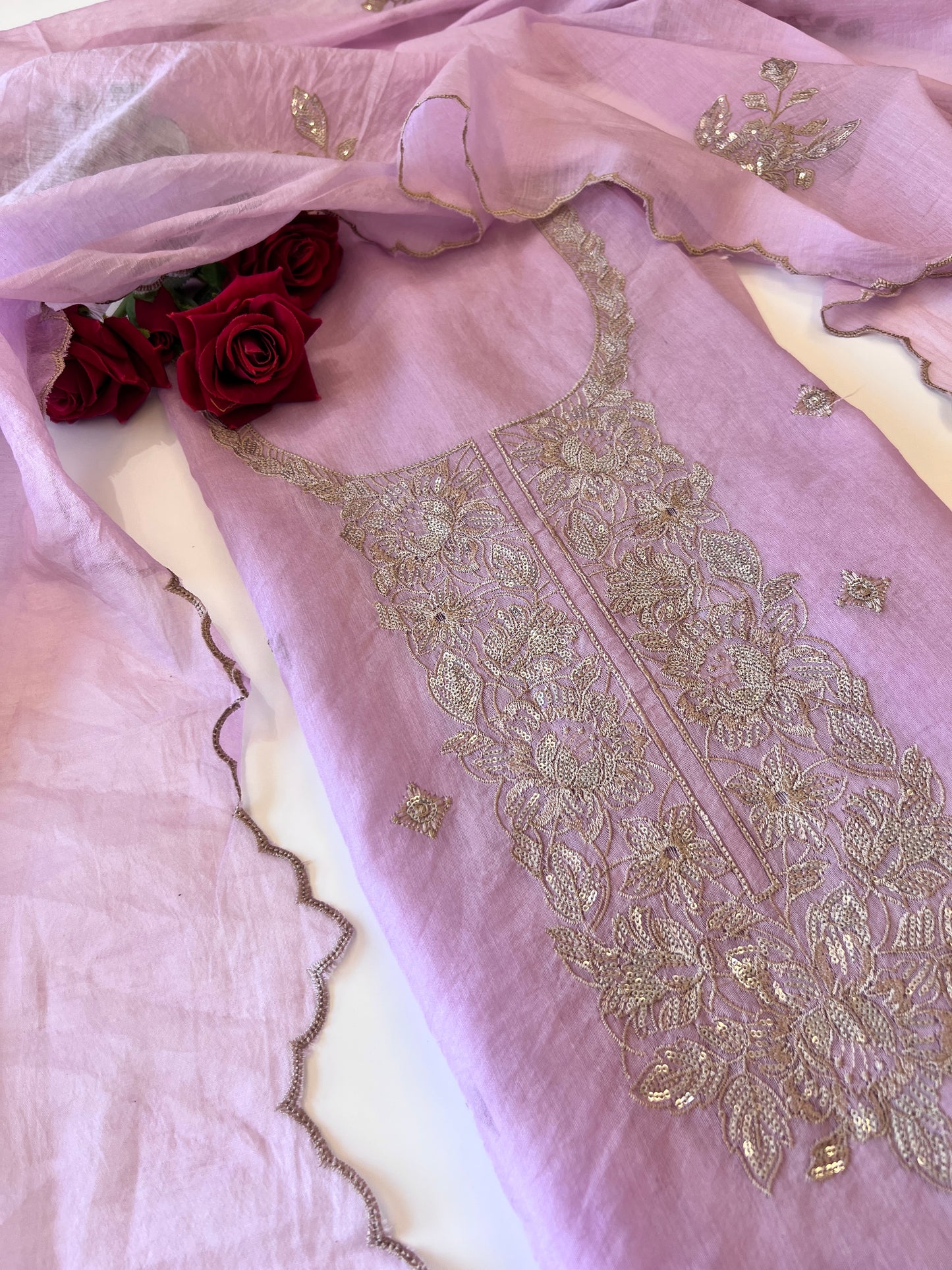 Pastel Purple Mul Chanderi Sequin embroidered Unstitched Suit