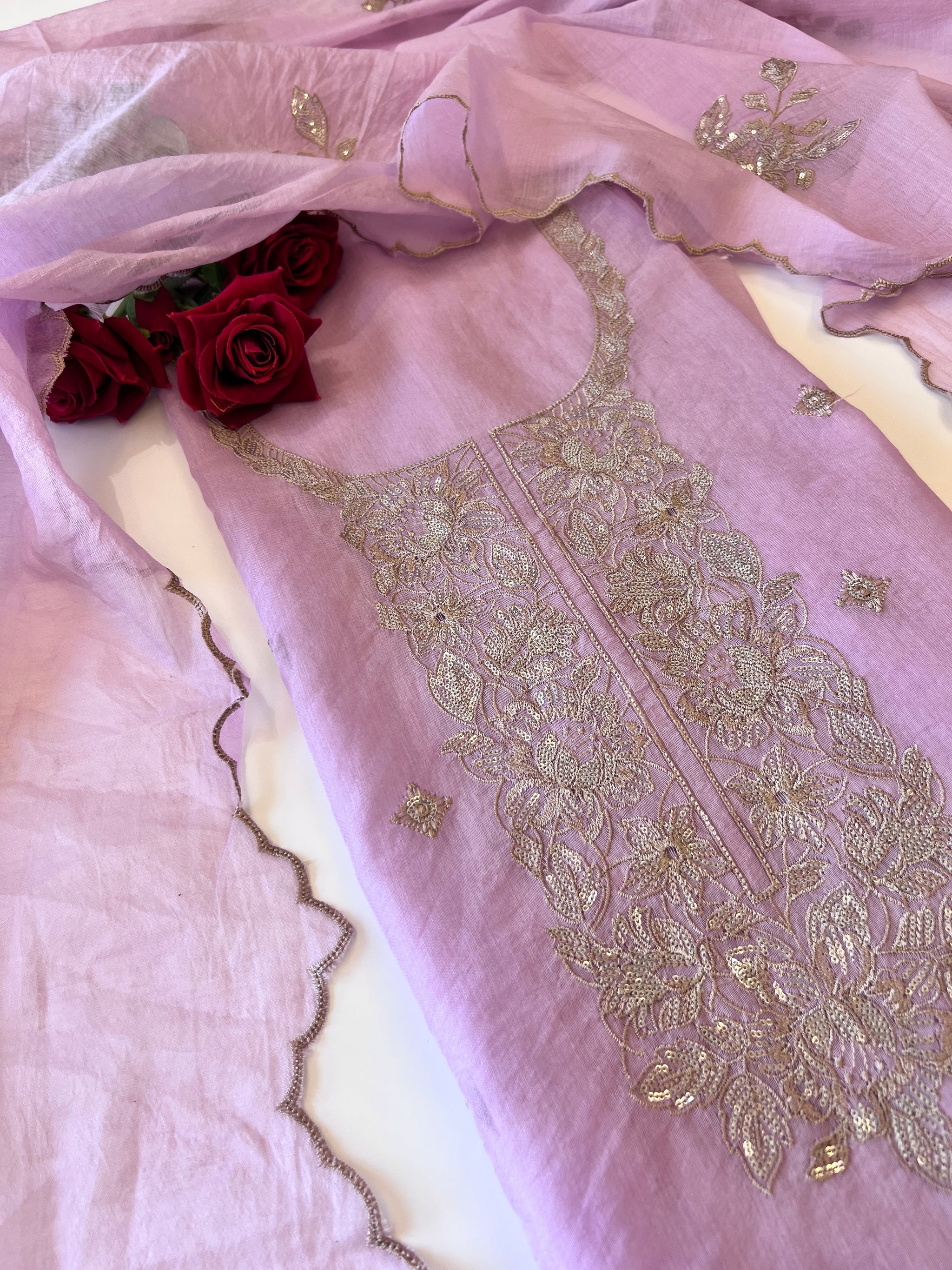 Pastel Purple Mul Chanderi Sequin embroidered Unstitched Suit