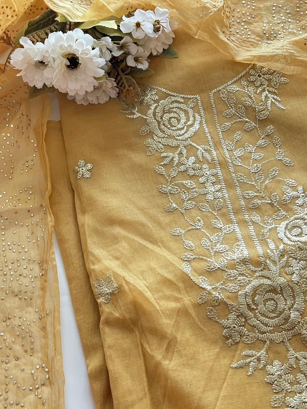 Pastel Yellow Mul Chanderi dress material with pitta and mukaish work dupatta