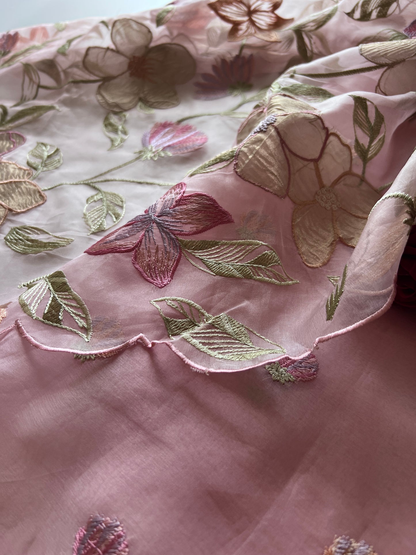 Floral Embroidery on Pure Silk Organza premium unstitched dress material in Pastel Pink