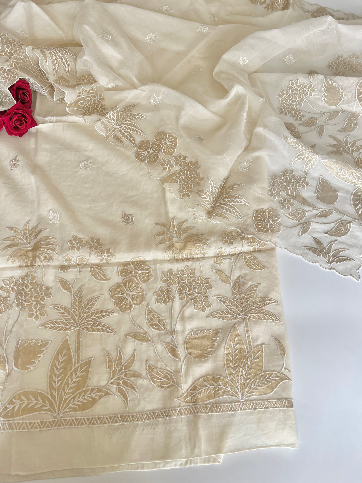 Pure Banarasi Mul Satin Kurta dupatta set with Tissue cutwork embroidery