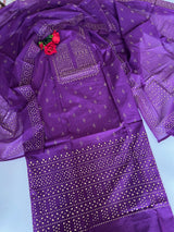 Purple Mul Chanderi dress material with mukaish geometric