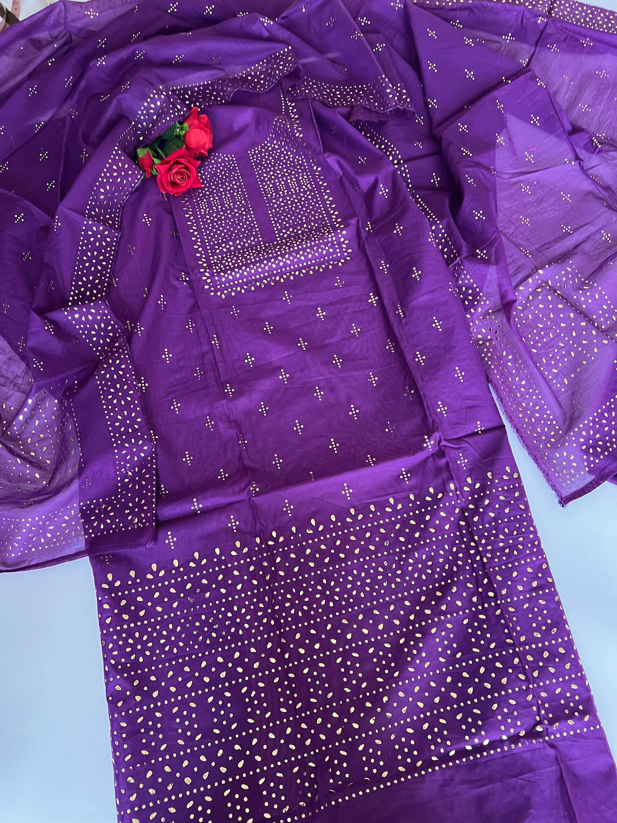 Purple Mul Chanderi dress material with mukaish geometric