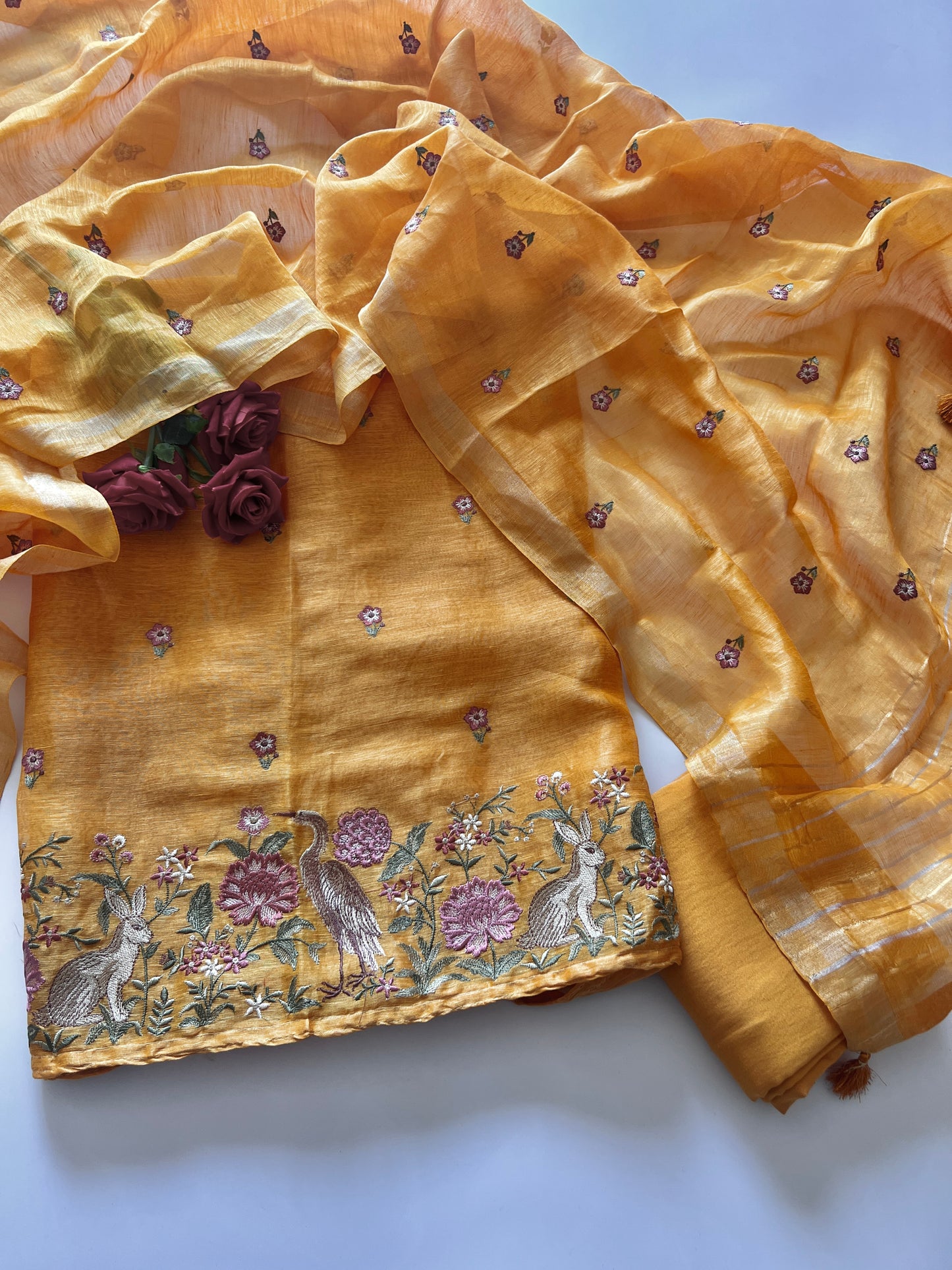 Yellow Pure Silk Linen embroidered premium unstitched dress material