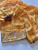 Yellow Pure Silk Linen embroidered premium unstitched dress material
