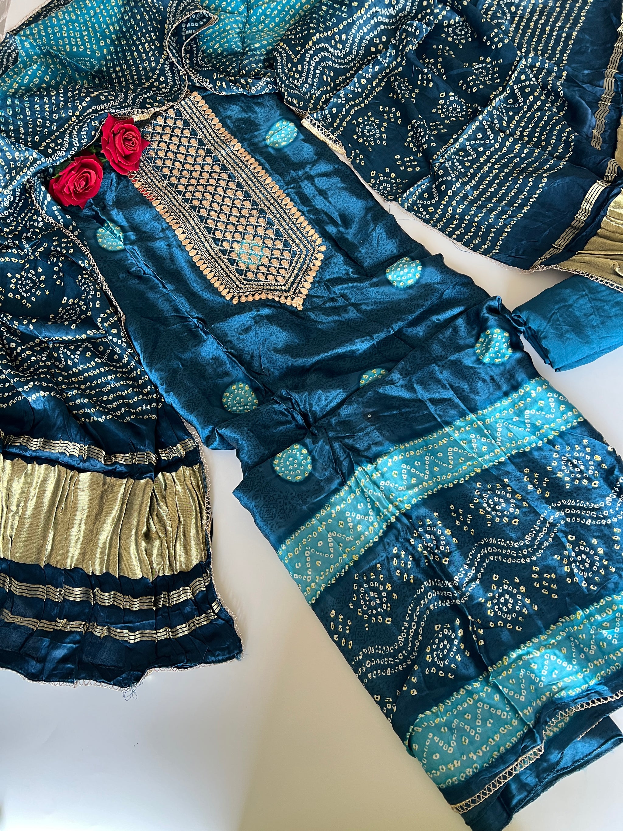 Blue Gajji Silk With gotta work neck Unstitched suit