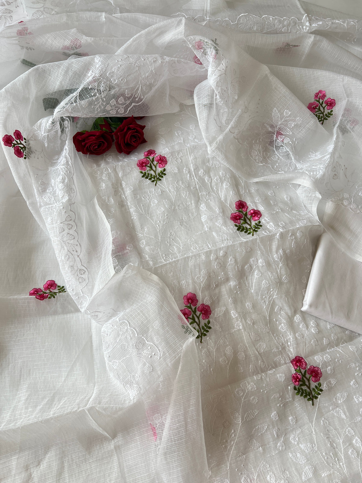 White Kotta floral embroidered kurta dupatta set Unstitched