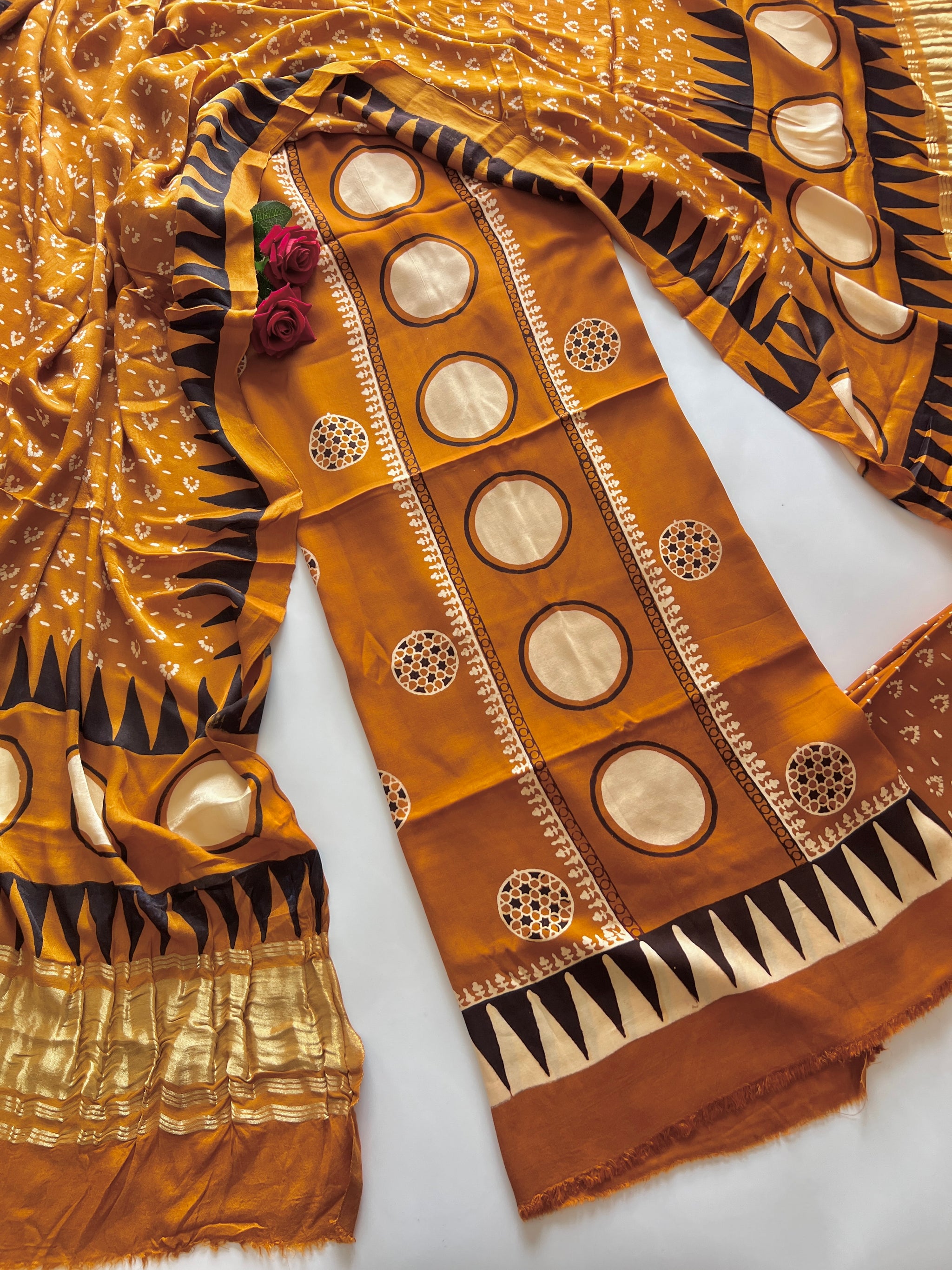 Yellow Ajrakh Handblock print 3 pc fabric Unstitched suit set