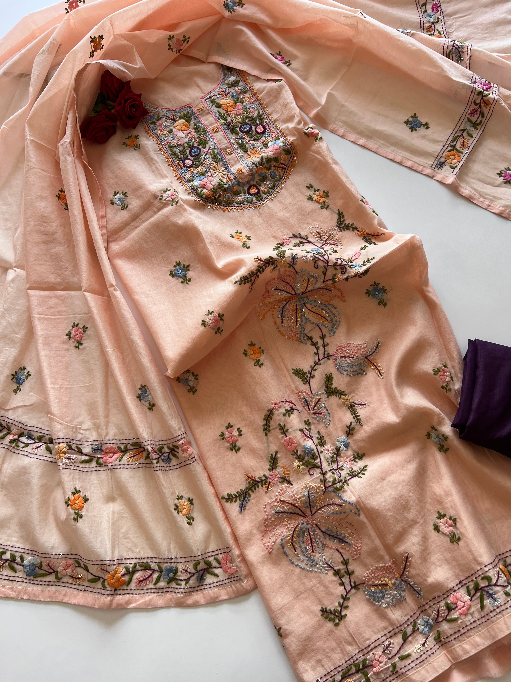Peach Knot embroidery Unstitched suit material