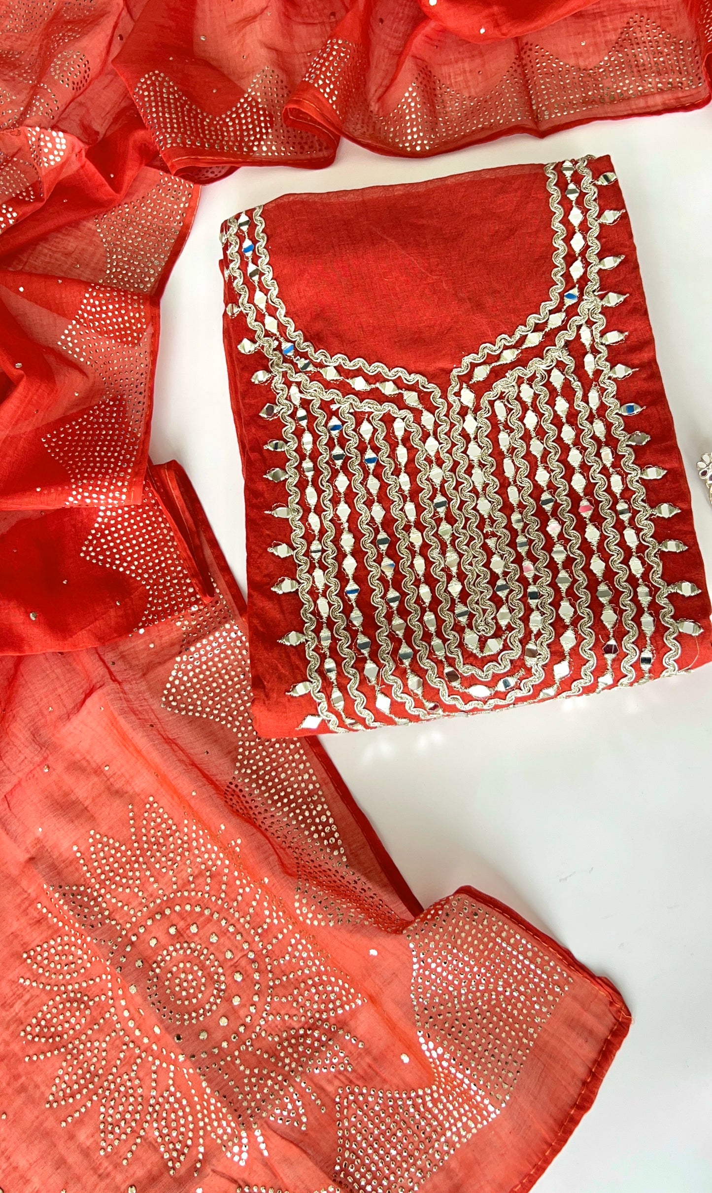 Mirror work on Mul Chanderi dress material with mukaish work dupatta