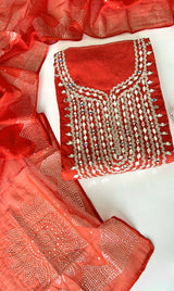 Mirror work on Mul Chanderi dress material with mukaish work dupatta