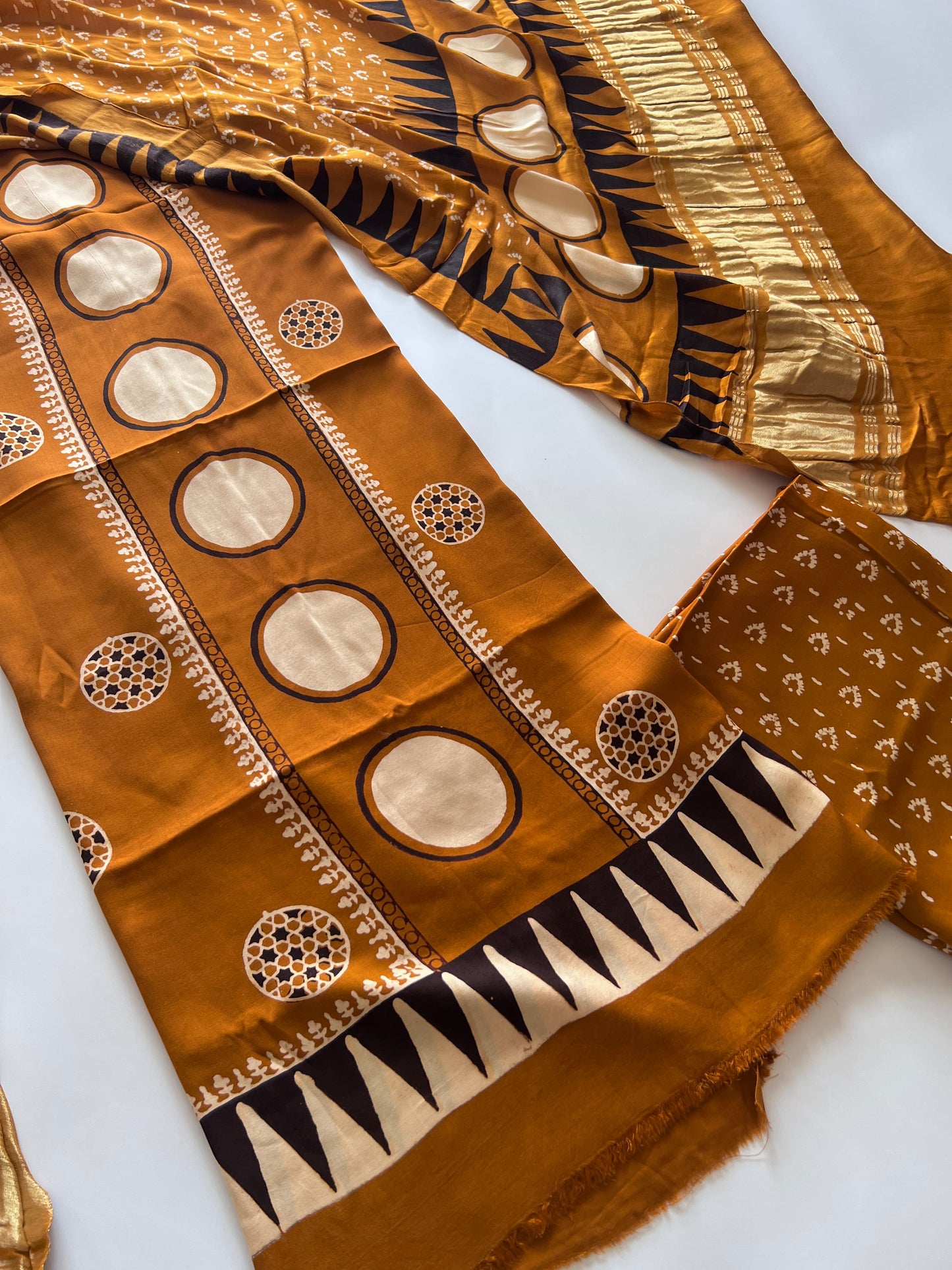 Yellow Ajrakh Handblock print 3 pc fabric Unstitched suit set