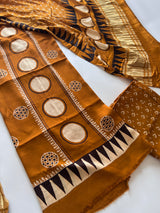 Yellow Ajrakh Handblock print 3 pc fabric Unstitched suit set