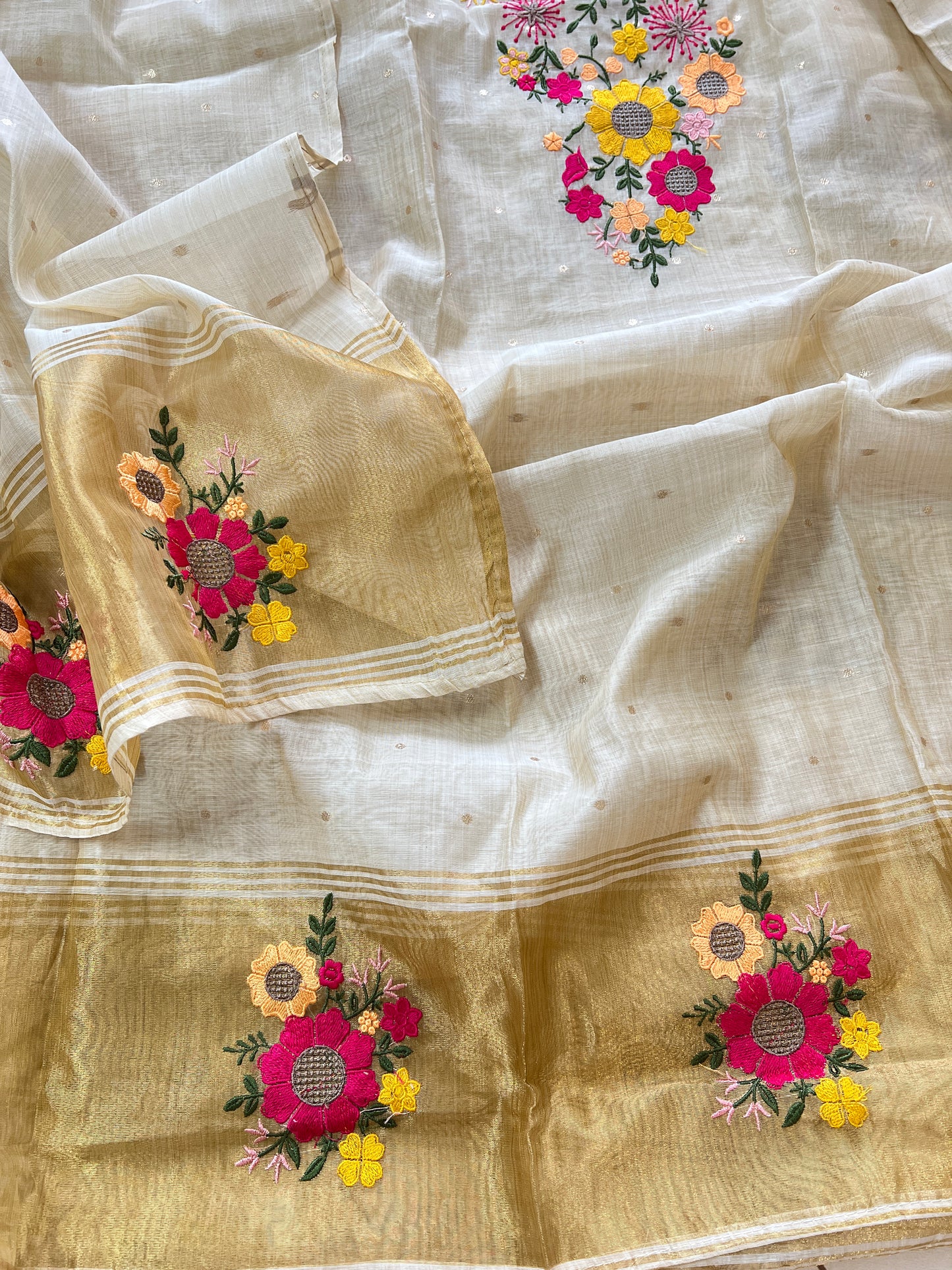 Sunflower Embroidery tissue Jamdani Dress material