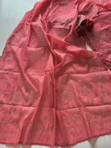 Mul Chanderi dress material with mukaish -Flamingo