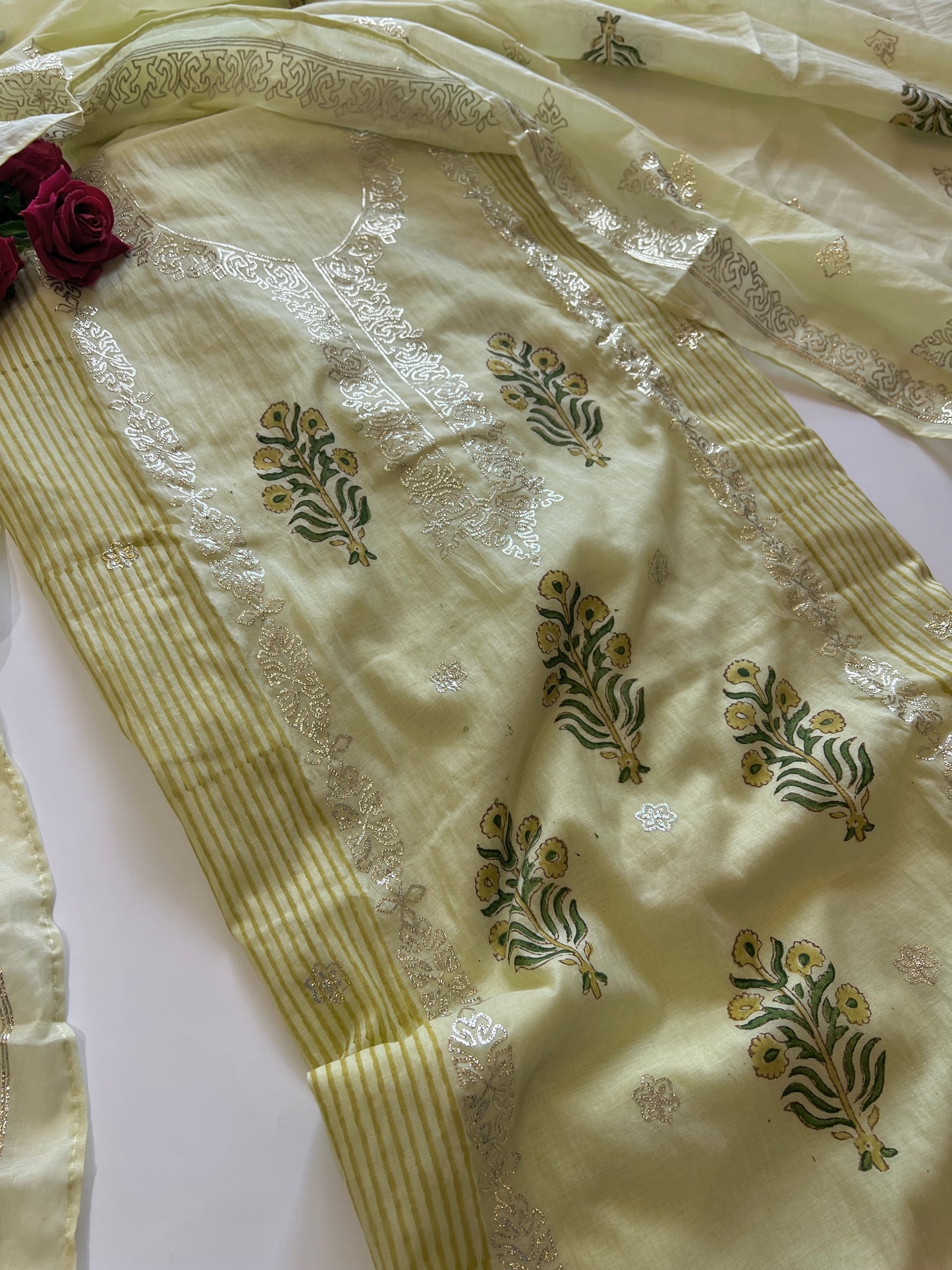 Block print and pitta work on Mul Chanderi dunstitched Suit set