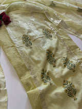 Block print and pitta work on Mul Chanderi dunstitched Suit set