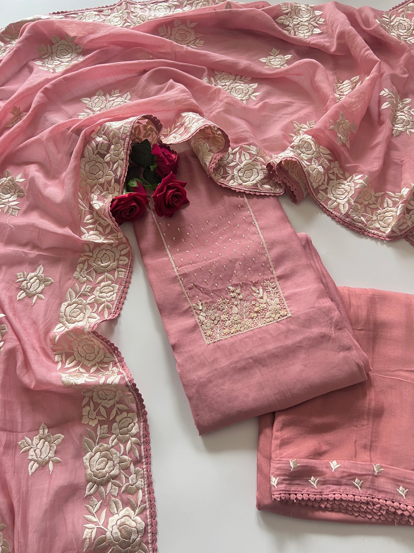 Mul Chanderi Handwork with Parsi dupatta Unstitched Suit set