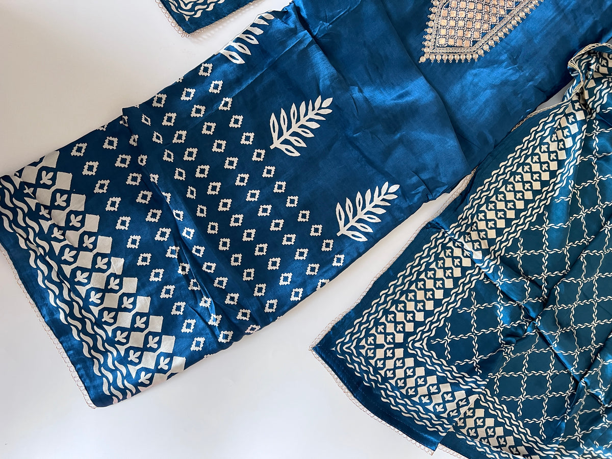 Blue Gajji Silk With gotta work neck Unstitched suit
