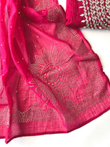 Hot pink Mirror work on Mul Chanderi dress material with mukaish work dupatta