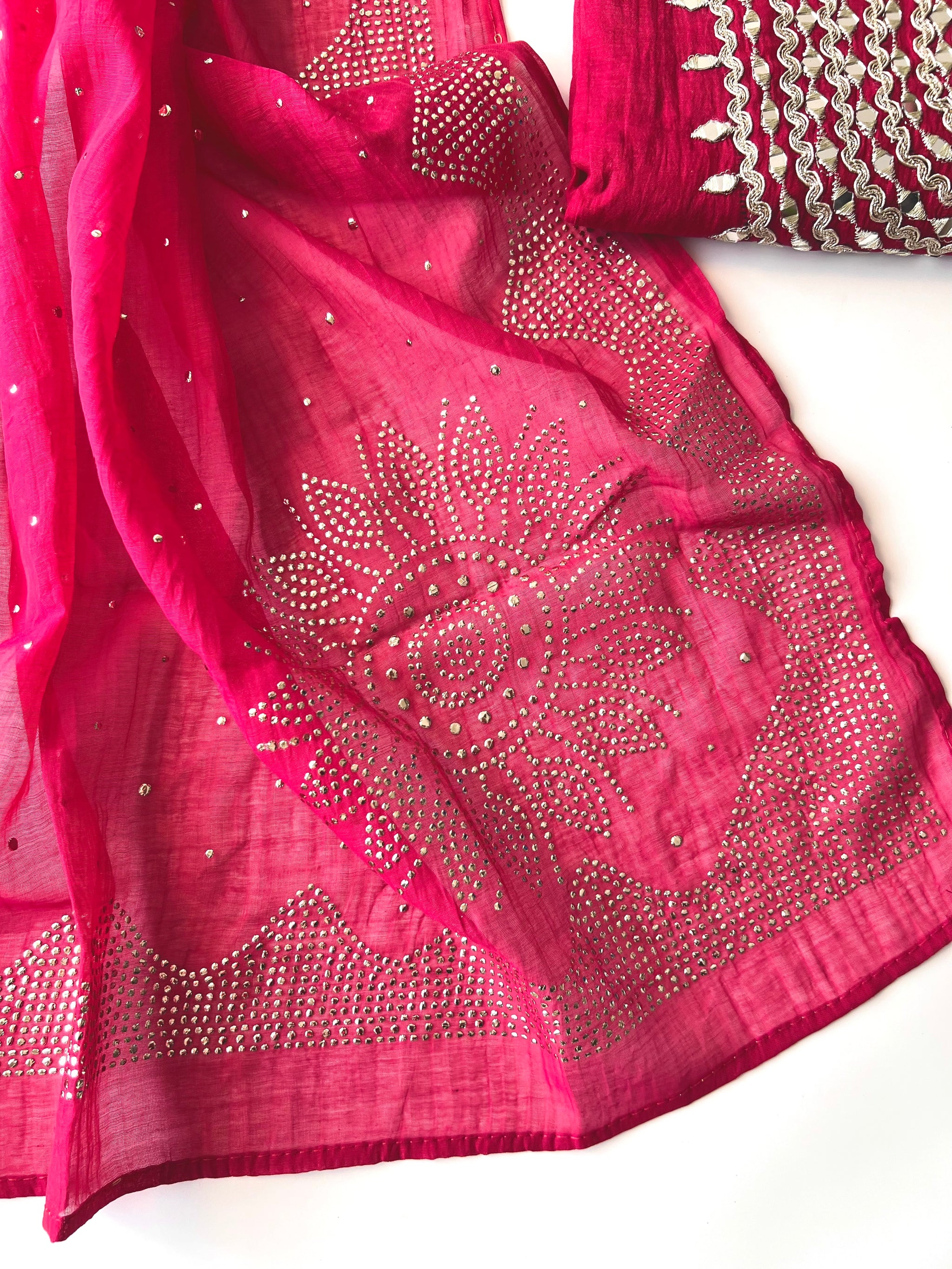 Hot pink Mirror work on Mul Chanderi dress material with mukaish work dupatta