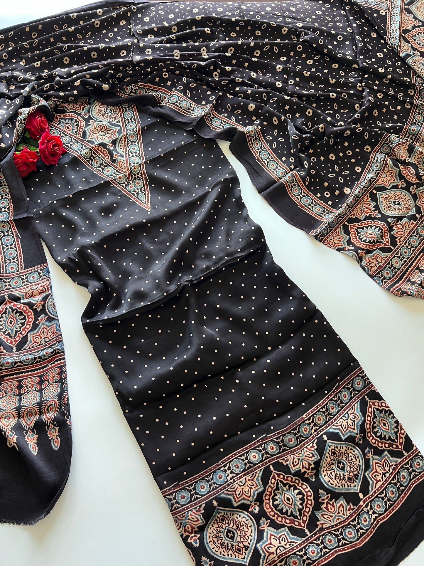 Black Original Handblock Ajrakh print 2 pc fabric Unstitched suit set