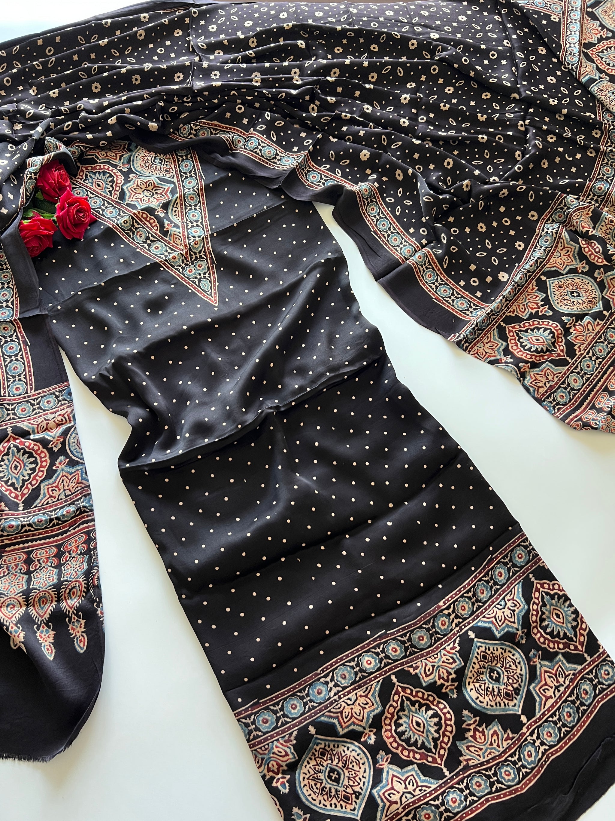 Black Original Handblock Ajrakh print 2 pc fabric Unstitched suit set